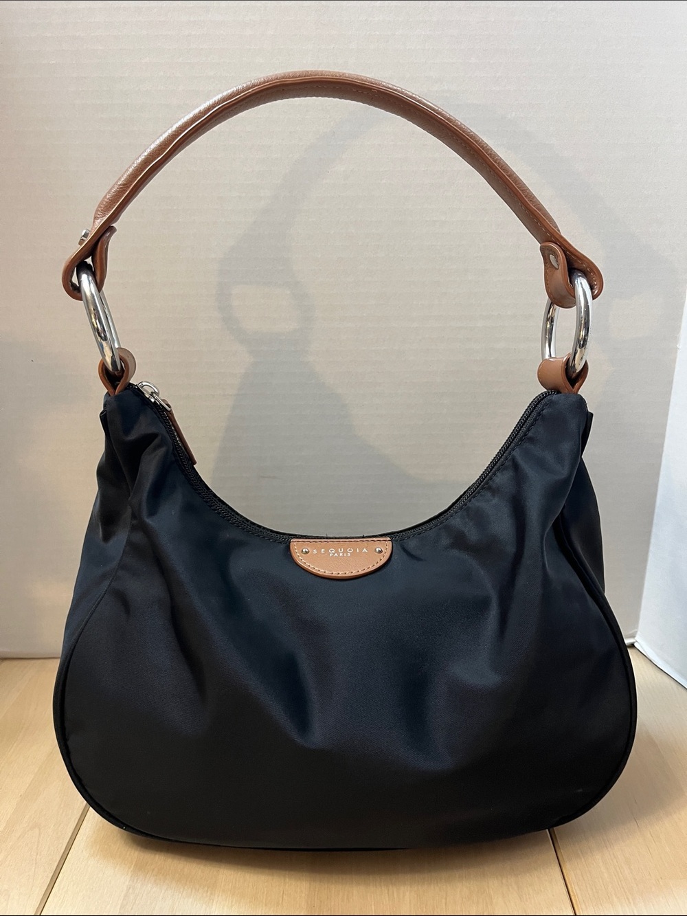 Sequoia Paris Black Nylon Shoulder Bag w/ Brown Leather & Silver Tone Trim